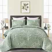 Sage Green Quilt Set Queen Size - Branch Botanical Pattern Bedspread Coverlet Set, 3 Piece Green Floral Quilt Bedding Set Soft Microfiber Daybed Cover for All Season, 96''x90''