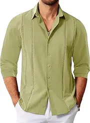 [MAPICK] Mens Cuban Guayabera Shirt Long Sleeve Button Down Casual Shirts Beach Linen Shirts