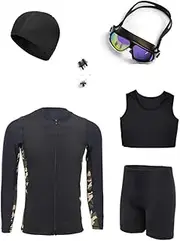 [BaronHong] Chest Binder Quick-Drying Snorkeling Zip Up Long Sleeve Tops +Swimming Shorts for Trans Lesbian Tomboy