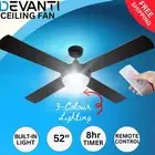Devanti 52" Ceiling Fan with LED Light Remote 3 Speed Reverse Cycle Quiet Black