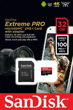 SanDisk 32GB 32G microSDHC【Extreme Pro 100MB/s】Extreme Pro 667X microSD micro SD SDHC UHS UHS-I 4K U3 C10 V30 A1 原廠包裝 手機記憶卡