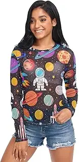 [RPLIFE] Colorful Planets Black Mesh Long Sleeve Tops for Women, Fancy Long Sleeve Shirts for Women S-XXL