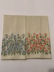 New Two Hand Embroidered Fingertip Hand Towels Pink Blue Wildflowers Cotton