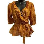 NWT Ann Taylor The Loft Orange 100% Cotton Ruffle Peasant Wrap Blouse - Small