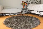 5' Black Tip Coyote Accent Faux Fur Area Rug Round Shaggy Bearskin Plush