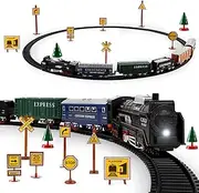 Train Set with Light for Kids, Cargo Cars and Long Track for Boys & Girls Aged 3-12, Train Toys Railway Kits with Signposts & Trees, Electric Train Race Track Playset, Ideal Birthday & Xmas Gifts