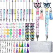 Qeeenar 12 Pcs Plastic Beadable Pens Butterfly Themed Bead Ballpoint Pen with Assorted Spacer Silicone Beads Tassels Lobster Clasps and Packaging Bags for Office School Kid Gifts, Black Ink