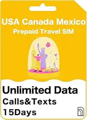 USA, Canada & Mexico Prepaid Travel SIM Card - Unlimited Data/Calls/Texts for 15 Days, 5G/4G Speed - AT&T