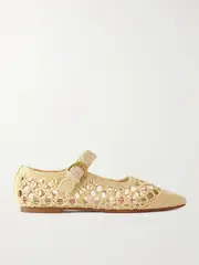 [Emme Parsons] Emme Parsons - Tramonto Leather-trimmed Woven Raffia Mary Jane Ballet Flats - Sand - IT42 IT 42 Neutrals
