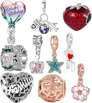 HCMY 10 Pack Silver Bead Charms for Pandora Bracelets and Necklaces Jewellery Charm for Woman, Silver, Cubic Zirconia