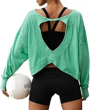 [Fenghualzzniya] Cropped Workout Tops for Women Long Sleeve Open Back Top Backless Athletic Baggy Shirts Going Out Running Gym T-Shirt