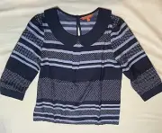 ModCloth Womens Blouse Size S Navy Stripe Polka Dots Peter Pan Collar Work EUC