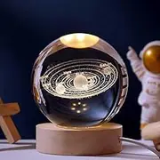 Generic 3D Galaxy Crystal Ball LED Saturn Night Light with Wooden Base, Moon Planets Ball Lamp for Decoration, Astronomy Space Present for Kids