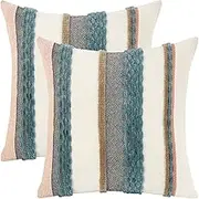 Tosleo Decorative Throw Pillow Covers 18x18 Set of 2 Boho Chenille Tufted Pillow Cover Textured Pillow Covers Striped Pillow Cases Accent Pillow Cases Farmhouse Cushion Case for Sofa Couch Bed,Blue