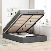 Ottoman Bed with Mattress, Super Single Size, Dark Grey Fabric, Hydraulic Storage, Includes Pocket Spring Mattress and Breathable Foam Topper - 206 x 107 x 23.5 cm