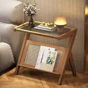 Rattan Side Table, Vintage End Table, Boho Nightstand Side Table, Small Coffee Table, Bedroom Coffee Table with Storage, Bamboo Accent Bedside Tables for Outdoor/Indoor
