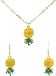 [Just Follow] Tropical 2pcs Yellow Ruit Green Leaf Pineapple Earings Pendant Necklace Suit for Women Dangle Earings Jewellery