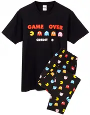 Pac-Man Pacman Mens Short Sleeve Long Leg Pyjama Set Black Game Over Large