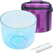 Blue Quartz Crystal Singing Bowl with Carrying Case Crystal Striker Suede Mallet & O-ring, for Yoga Meditation Sound Bath(440Hz,7 inch A Note)