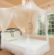 White 4 Door Corner Post Bed Canopy Mosquito Net Mesh Netting King Size Home