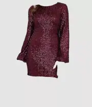 Aqua Dresses Women's Red Sequined Bell-Sleeve Boat-Neck Shift Dress Size 12