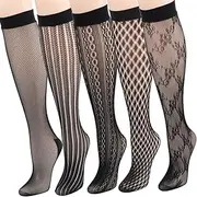 [kilofly] 5 Pairs Women Black Ultra Thin Stay Up Knee High Socks Fishnet Stockings