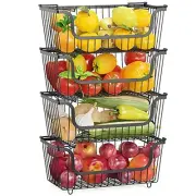 Stackable Wire Baskets, 4 Pack Pantry Baskets with Handles Metal Storage Black