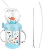 Baby Drinking Cup with Handle, 220ml Sippy Cup with Straw and Straw Brush Cute Whale Squirt Water Bottle Portable Baby Drinking Bottle for Kid Home Outdoor(Sky Blue)