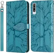 [JLHYYXH] Premium Tree Pattern Case for Samsung Galaxy A70, Credit Card Slot Wallet Case Magnetic Kickstand Fashion Shockproof Flip Cover Case for Samsung Galaxy A70-Lake Blue
