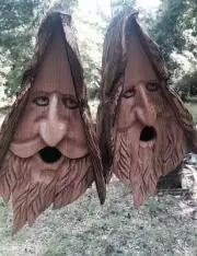 2 Hand Carved Wood Spirit Old Man Face Cedar Birdhouses With Hair