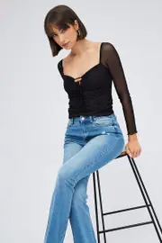 Black Top Long Sleeve Sweetheart Keyhole Ruched Mesh - Size 6, Women's Top