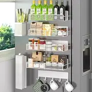 Magnetic Spice Rack for Refrigerator, 7 Pack Metal Magnetic Shelf White, Moveable Spice Organizer with Hook Rack, Paper Towel Holder, Kitchenware Holder, Strong Magnetic Storage Fridge Organizer