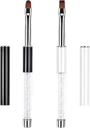 2Pcs Oval & Flat UV Gel Nail Brush Set Rhinestone Handle Professional Nail Art Design Brushes (Black & White, One Size)