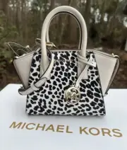 Michael Kors XS Avril Leopard Print Hair Calf Satchel crossbody Lt Cream Multi