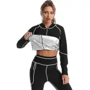 Women Slimming Sauna Sweat Suits Fat Burning Tops Waist Trainer Thermo Legging Body Shaper Jacket Shapewear Black Silver Set L