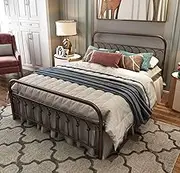 TUSEER Metal Bed Frame Queen Size with Vintage Headboard and Footboard Platform Base Wrought Iron Double Bed Frame (Queen, Antique Brown)