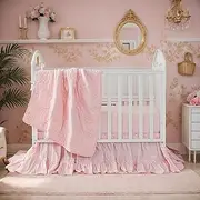 Brandream Crib Bedding Set for Girls Nursery Bedding with Elephant Embroidered Cotton Chic Pink Baby Girl Bedding Crib Set, 6 Pieces