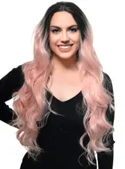 Pastel Pink Long Curly Dark Rooted Lace Front Fashion Wig