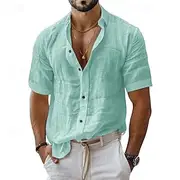 Men's Shirt Linen Shirt Casual Shirt Button Up Shirt Cotton Shirt Plain Vacation Street Black White Light Green Pink Short Sleeve Turndown Summer Clothing Appa