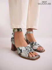Snake Signature Square Toe Cross-Over Detail Ankle Strap Block Sandals (AL5359) | $141