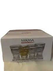 NEW MIKASA CARROLL GATE 4 PC SET DOUBLE OLD FASHIONED FINE CRYSTAL GLASSES 9 OZ