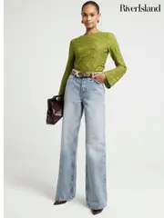River Island Green Textured Long Sleeve Top (E96772) | $65