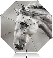 [PDZRMY] Horse White UV Protection Travel Umbrella Compact for Rain and Sun - Auto Open and Close UPF 50+ Windproof Portable 46” Sun Umbrella for Women and Men