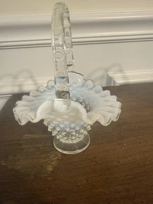 Vintage Art Glass FENTON Hobnail French Opalescent Miniature Crimped Edge Basket