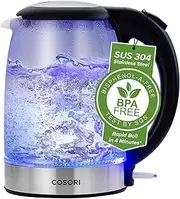 [COSORI] Electric Kettle Glass, Fast Boil Quiet, 3000W 1.5L with Blue LED, Stainless Steel Filter, Boil-Dry Protection, Black, BPA Free