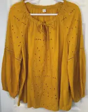 Old Navy Blouse Sz XL Golden Mustard Embroider Eyelet Boho Peasant Top NWT