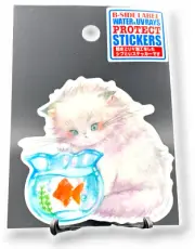 Kitten Sticker Cute Cat and Goldfish in Bowl Quirky Japan B-Side Label