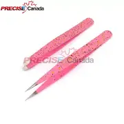 Sets of 2 Eyebrow & Eyelashes Extension Tweezer Pink with Black & Yellow Colors