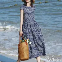 在飛比找博客來優惠-【ACheter】 藍瓷印花渡假慵懶風棉麻洋裝# 11230
