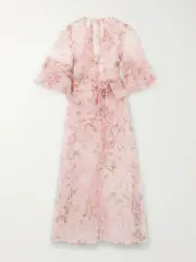 [Rosamosario] Rosamosario - Blooming Allure Belted Floral-print Silk-chiffon Robe - Pink - medium medium Pink